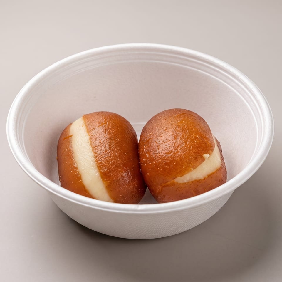 Two brown and white pretzel buns sit in a white disposable bowl on a gray surface.