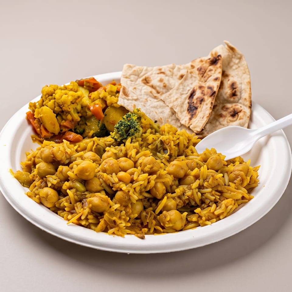 A white plate holds chickpea and rice pilaf, mixed vegetables, and flatbread with a white spoon.