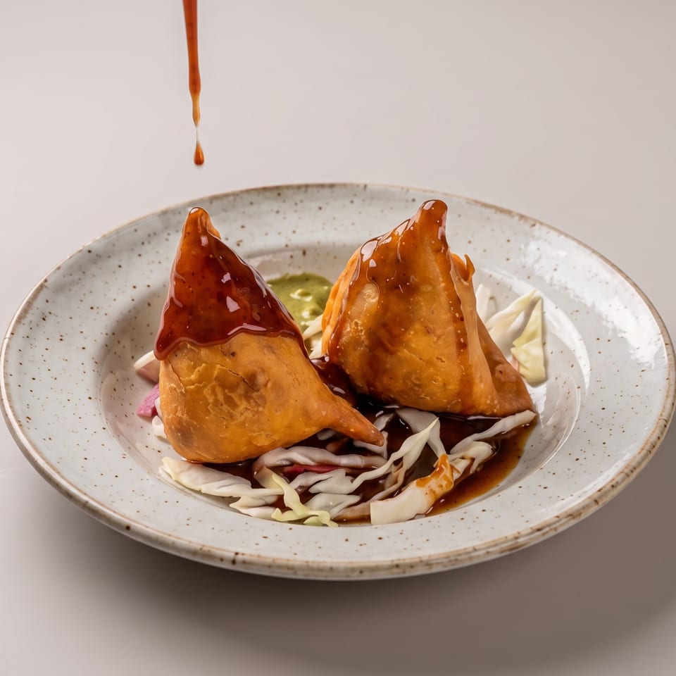 Two samosas on a plate, drizzled with sauce, served on a bed of shredded cabbage.