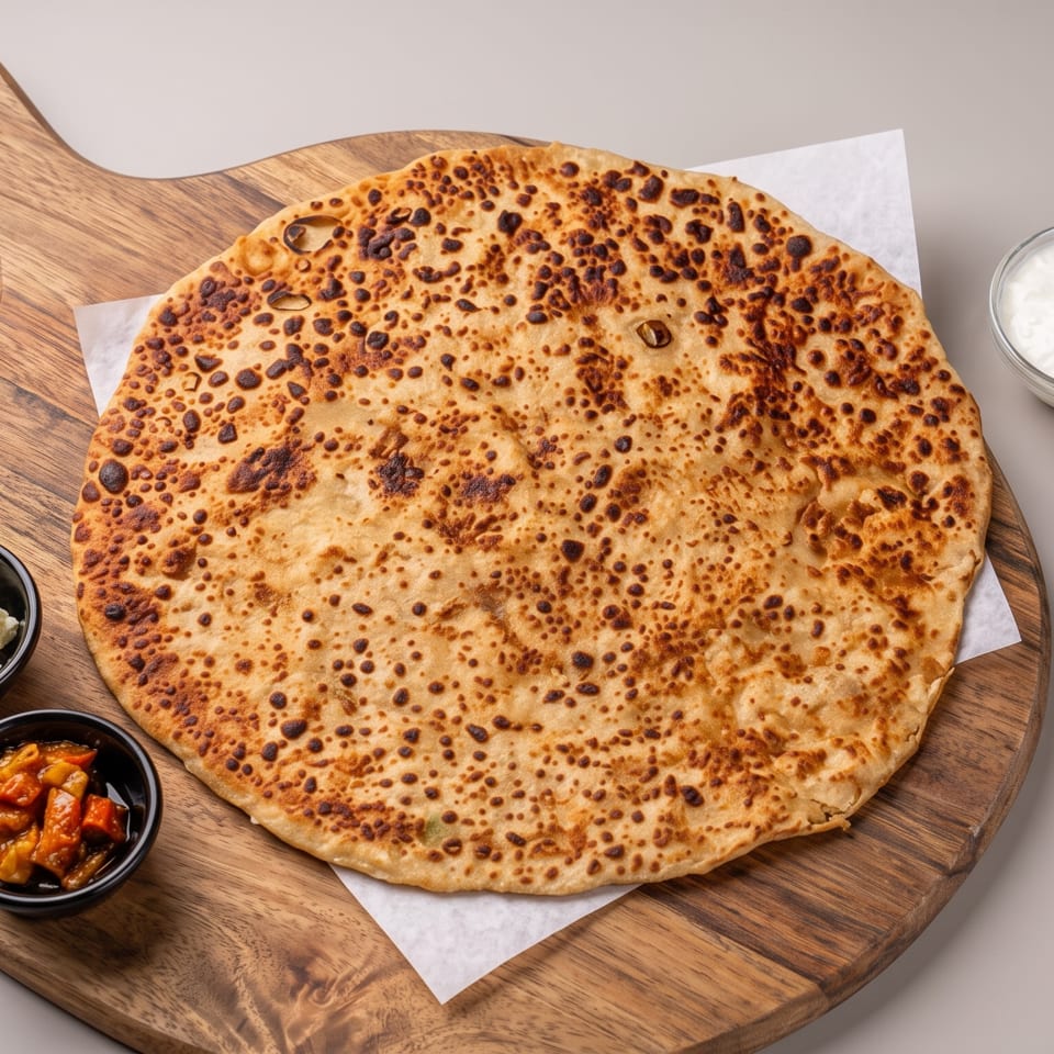 Large, round, golden-brown flatbread with dark spots, served on a wooden board with small bowls of cheese, relish, and yogurt.