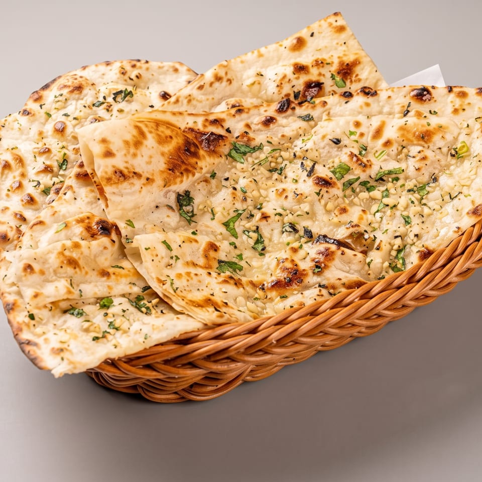 Basket of golden-brown garlic naan bread, garnished with herbs, on a gray background.